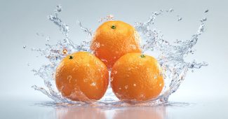 AI提示词_三颗新鲜的济州橘子在半空中漂浮，周围有透明的水花四散_chatgpt在线网页版官网缩略图