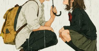 AI提示词_一个穿白衬衫和黑裤子的男孩跪着握着伞，身旁是一位长发女孩，二人幸福地对视_买gpt会员缩略图