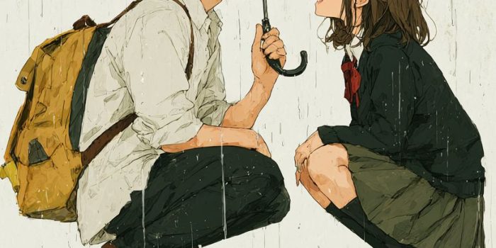 AI提示词_一个穿白衬衫和黑裤子的男孩跪着握着伞，身旁是一位长发女孩，二人幸福地对视_买gpt会员缩略图