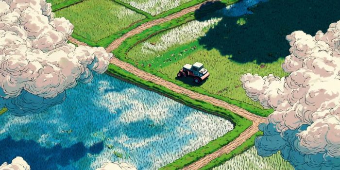 ChatGPT提示词_夏季的绿稻田上空俯瞰，能看到一辆拖拉机在云间的小路上行驶，投下长长的阴影，生动的蓝天增添了场景深度_chatgpt账号登录缩略图