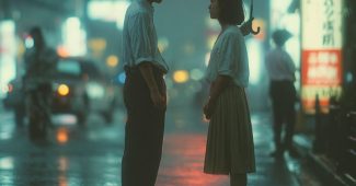 ChatGPT提示词_一对年轻的日本情侣在雨中奔跑，停下凝视彼此的眼睛_chatgpt会员共享缩略图