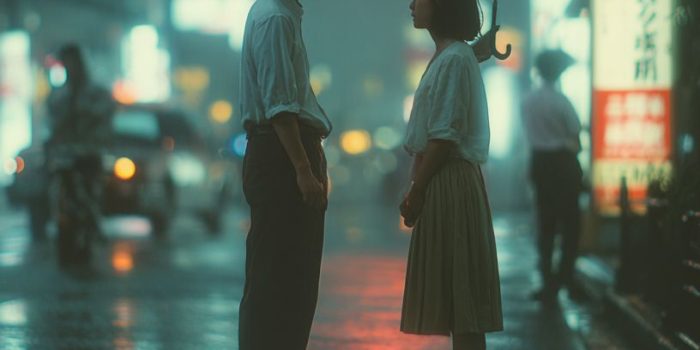 ChatGPT提示词_一对年轻的日本情侣在雨中奔跑，停下凝视彼此的眼睛_chatgpt会员共享缩略图