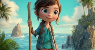 ChatGPT_AI提示词_动画电影《海洋冒险》的海报展示了一个6岁女孩莫娜站在岩石上，手持木制冲浪桨，背景是岛屿和海洋_chatgpt下栽缩略图