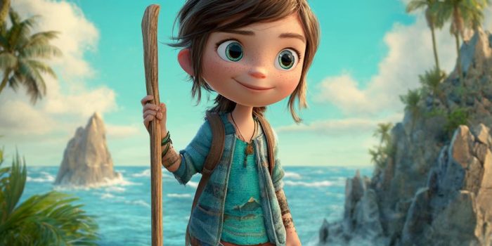 ChatGPT_AI提示词_动画电影《海洋冒险》的海报展示了一个6岁女孩莫娜站在岩石上，手持木制冲浪桨，背景是岛屿和海洋_chatgpt下栽缩略图