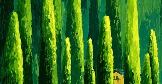 ChatGPT提示词_画面展示了一排高大整齐的绿树和小房子，明亮的绿色调营造出愉快的氛围_chatgpt网页版在线缩略图