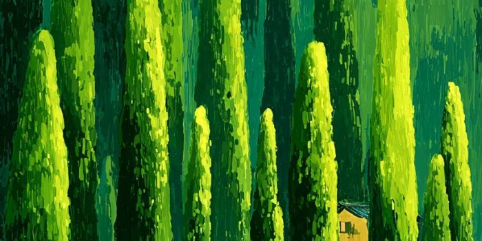 ChatGPT提示词_画面展示了一排高大整齐的绿树和小房子，明亮的绿色调营造出愉快的氛围_chatgpt网页版在线缩略图