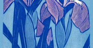 ChatGPT_AI提示词_一幅木刻风格的背景图，展示了鸢尾花，蓝紫色调，平面装饰构图，优雅宁静_chat gpt会员多少钱缩略图