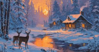 ChatGPT_AI提示词_冬日森林黄昏，雄鹿与小鹿相伴，温暖的木屋透出温馨的光芒_chatgpt 官网缩略图
