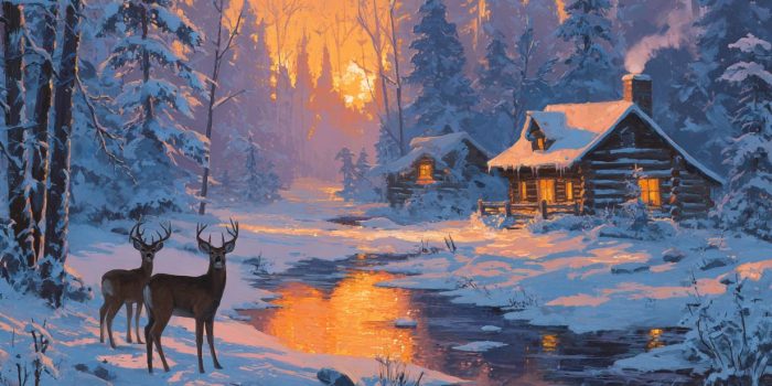ChatGPT_AI提示词_冬日森林黄昏，雄鹿与小鹿相伴，温暖的木屋透出温馨的光芒_chatgpt 官网缩略图