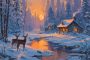 ChatGPT_AI提示词_冬日森林黄昏，雄鹿与小鹿相伴，温暖的木屋透出温馨的光芒_chatgpt 官网缩略图