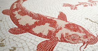 ChatGPT_AI提示词_一幅动态的马赛克作品，呈现出由珊瑚红瓷砖构成的锦鲤，图案精确几何，背景为干净白色_怎么开通chatgpt会员缩略图