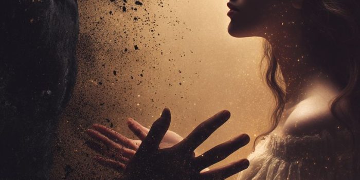 AI提示词_两个人相对而立，手掌紧紧相 pressed在一起，左侧为黑暗与烟雾组成的身影，象征着死亡与消失，右侧是一位二十多岁的日本女性，表现出强烈的情感对比_chatgpt会员有什么功能缩略图