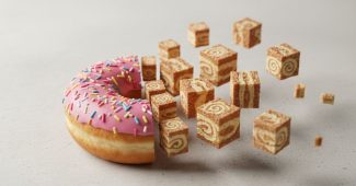 ChatGPT提示词_一只甜甜圈一半保持完整，另一半碎成漂浮的立方体_chatgpt在线试用缩略图