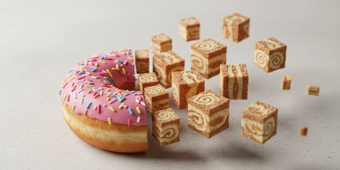 ChatGPT提示词_一只甜甜圈一半保持完整，另一半碎成漂浮的立方体_chatgpt在线试用缩略图