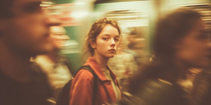 ChatGPT_AI提示词_一个年轻女孩静静站在拥挤的地铁中，周围的乘客模糊不清，传递出孤独与美感_chatgpt帐号缩略图