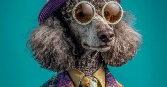 ChatGPT_AI提示词_一只时尚的标准贵宾犬穿着鲜艳的花卉礼帽、宽大的圆形太阳镜、色彩斑斓的格子西装外套和带有趣味细节的领带_chatgpt 下载缩略图