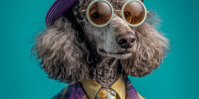 ChatGPT_AI提示词_一只时尚的标准贵宾犬穿着鲜艳的花卉礼帽、宽大的圆形太阳镜、色彩斑斓的格子西装外套和带有趣味细节的领带_chatgpt 下载缩略图