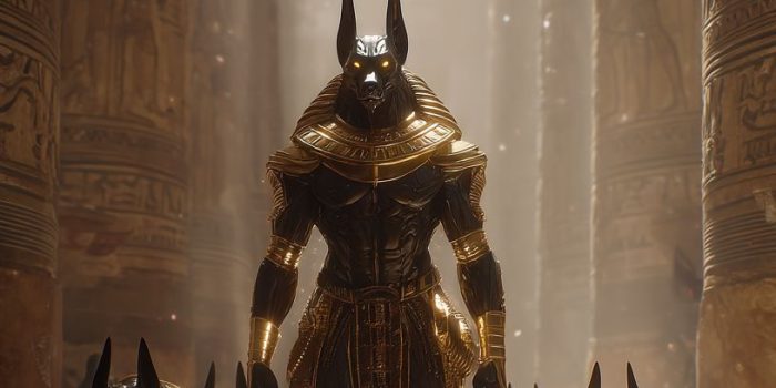 ChatGPT_AI提示词_安努比斯在黑色石台上走向镜头，身着黑曜石和熔化金铠甲，周围是一群发光眼睛的埃及猎犬，背后是宏伟的神庙_国内如何开通gpt会员卡流程图缩略图