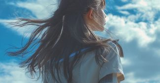 ChatGPT提示词_一位美丽的日本偶像女孩，背影向上看着蓝天，长发飘荡，背景简洁，云朵点缀，柔和日光，适合作手机壁纸_chatgpt网页版在线缩略图