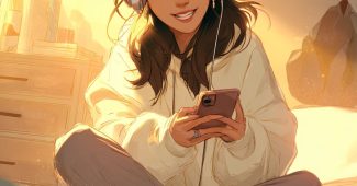 ChatGPT_AI提示词_一幅展示20多岁韩国女性的时尚插图，她微笑着看着智能手机，坐在温馨卧室的床上_chatgpt在线网页版官方缩略图