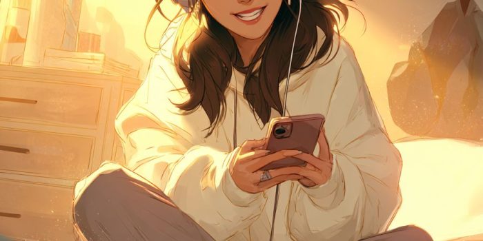 ChatGPT_AI提示词_一幅展示20多岁韩国女性的时尚插图，她微笑着看着智能手机，坐在温馨卧室的床上_chatgpt在线网页版官方缩略图