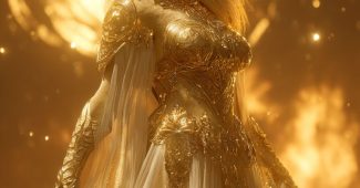 ChatGPT_AI提示词_一位全身正面3D CG动漫风格的狮子女神代表狮子座，穿着光与火的仪式长袍，金色头发如狮子鬃毛，头顶有灿烂的阳光皇冠，周围环绕着旋转的火焰和闪烁的星光_开gpt会员缩略图