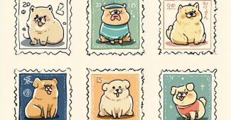 ChatGPT提示词_一系列可爱的邮票风格贴纸设计，展现穿着不同服装和姿势的圆胖卡通狗_chatgpt在线试用缩略图