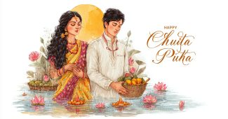 ChatGPT_AI提示词_一位美丽的印度女性在日落时分进行查哈特普贾仪式，她穿着华丽的丝绸 sari，手中捧着装满水果的竹篮，旁边的丈夫也在参与仪式_ChatGPT中文缩略图