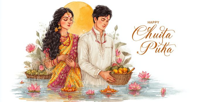 ChatGPT_AI提示词_一位美丽的印度女性在日落时分进行查哈特普贾仪式，她穿着华丽的丝绸 sari，手中捧着装满水果的竹篮，旁边的丈夫也在参与仪式_ChatGPT中文缩略图