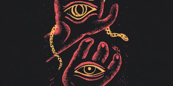 ChatGPT提示词_黑色背景上，两个手、眼睛和蛇的简约插画艺术_chatgpt会员账号缩略图