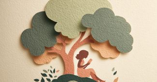 ChatGPT提示词_一个女孩在树下阅读的分层纸雕插图，展现柔和的鼠尾草绿和夕阳桃色，富有手工质感，层间有细微阴影，干净的矢量边缘，置于哑光奶油色背景上，充满奇幻和现代的视觉叙事_chatgpt5.0可以用吗缩略图