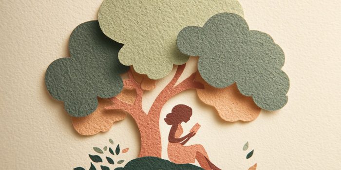 ChatGPT提示词_一个女孩在树下阅读的分层纸雕插图，展现柔和的鼠尾草绿和夕阳桃色，富有手工质感，层间有细微阴影，干净的矢量边缘，置于哑光奶油色背景上，充满奇幻和现代的视觉叙事_chatgpt5.0可以用吗缩略图