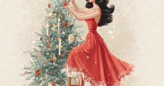 ChatGPT_AI提示词_一位年轻女性在装饰闪耀的圣诞树，穿着50年代风格的红色裙子_chatgpt在线版网页缩略图