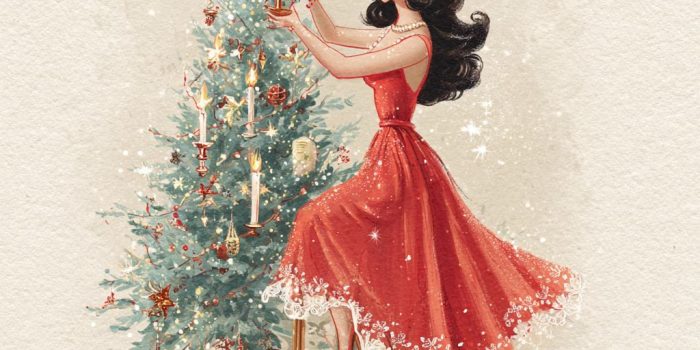 ChatGPT_AI提示词_一位年轻女性在装饰闪耀的圣诞树，穿着50年代风格的红色裙子_chatgpt在线版网页缩略图