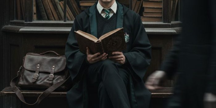 ChatGPT_AI提示词_一个男士穿着黑色的斯莱特林外套，坐在小型魔法书店的长椅上，手中拿着一本古老的魔法书_国内如何买gpt会员缩略图