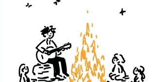 ChatGPT提示词_一个吉他手坐在五个孩子和家长围着的大火旁，空中有明亮的月亮_chatgpt会员多少钱一年缩略图