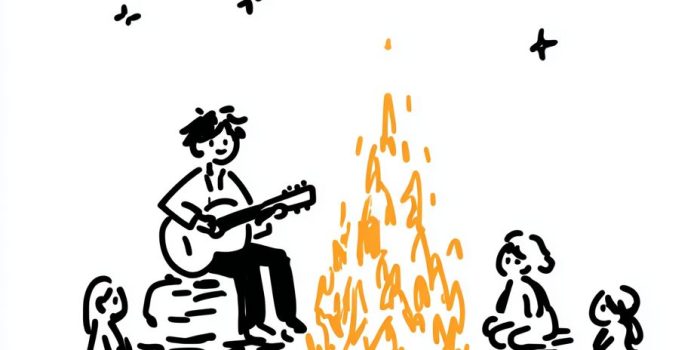 ChatGPT提示词_一个吉他手坐在五个孩子和家长围着的大火旁，空中有明亮的月亮_chatgpt会员多少钱一年缩略图