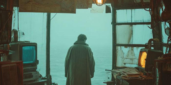 ChatGPT_AI提示词_一个穿着长风衣的人站在一个破旧的灯塔内部，周围有锈蚀的机械和航海图_chatgpt注册教程缩略图