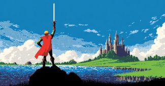 ChatGPT_AI提示词_像素艺术骑士举剑站在绿色山丘上的黑岩石上_chatgpt会员费多少钱缩略图