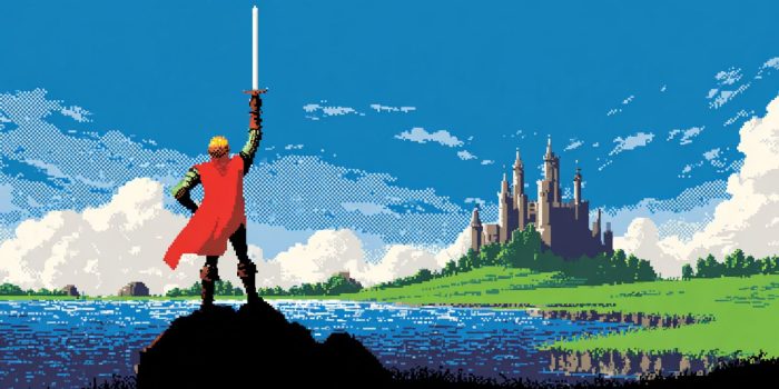 ChatGPT_AI提示词_像素艺术骑士举剑站在绿色山丘上的黑岩石上_chatgpt会员费多少钱缩略图