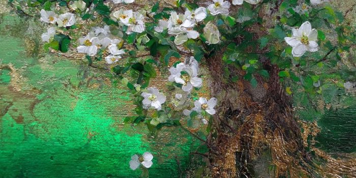 AI提示词_一棵生机勃勃的绿色苹果树，盛开美丽的花朵，展现俄罗斯风格的艺术_gpt会员不支持国内银行卡缩略图