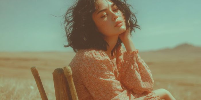 ChatGPT_AI提示词_一位20岁自然美女在草地上坐着，黑色波浪长发，沉思神情_开gpt会员缩略图