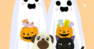 ChatGPT提示词_三只狗和一只猫穿着万圣节的白色鬼怪服装，手里拿着南瓜_chat gpt会员缩略图