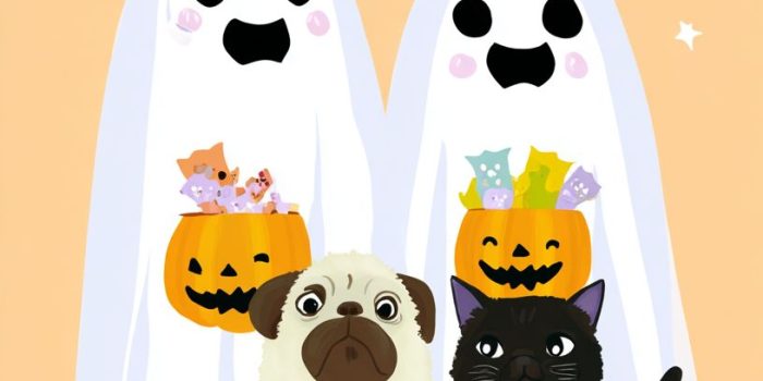 ChatGPT提示词_三只狗和一只猫穿着万圣节的白色鬼怪服装，手里拿着南瓜_chat gpt会员缩略图