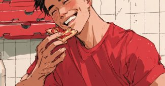 AI提示词_一个年轻的黑发男士穿着红色T恤，坐在桌边享受比萨_chatgpt网页版官网缩略图