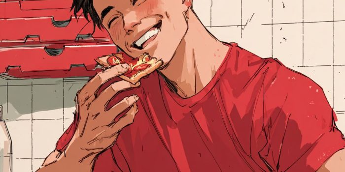 AI提示词_一个年轻的黑发男士穿着红色T恤，坐在桌边享受比萨_chatgpt网页版官网缩略图