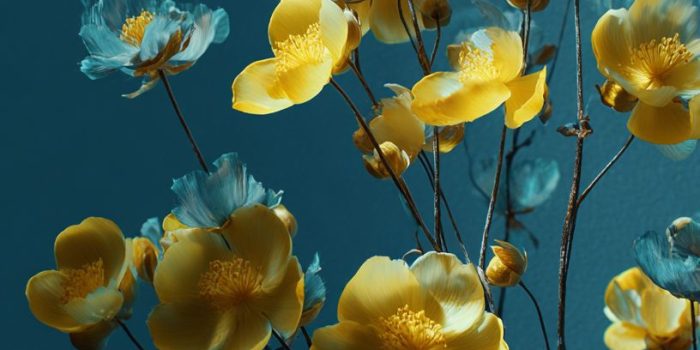 AI提示词_优雅的乌克兰风格极简抽象画，背景为蓝色，上面有黄色和蓝色的花_chatgpt会员共享多少钱缩略图