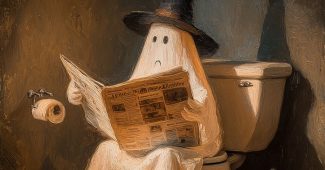 ChatGPT_AI提示词_一个可爱的万圣节鬼魂戴着黑色女巫帽坐在厕所上看报纸_chatgpt prompt engineering for developers缩略图