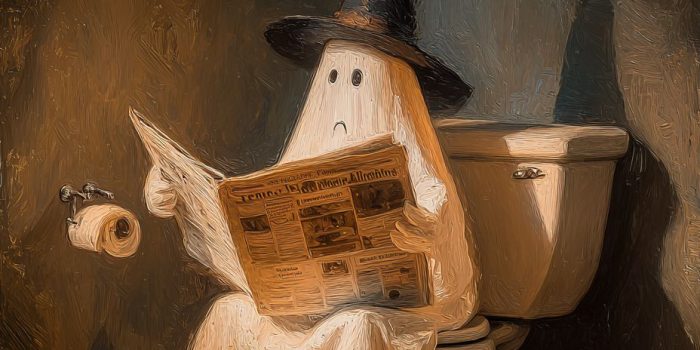 ChatGPT_AI提示词_一个可爱的万圣节鬼魂戴着黑色女巫帽坐在厕所上看报纸_chatgpt prompt engineering for developers缩略图