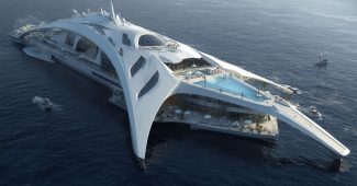 ChatGPT_AI提示词_一艘白色的未来派游艇在深蓝色的水中漂浮，拥有大型的翼和多个玻璃窗，上面设有豪华活动的房间，下方有开放区域供人们进行户外活动_chatgpt5.0新增功能缩略图